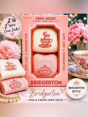 Bridgerton 2 Pair Crew Socks Gift Set Pink Cream Netflix NWT